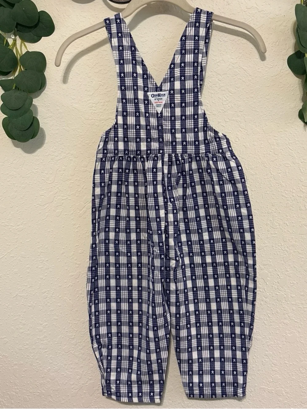 Vintage OshKosh B'gosh White and Blue Star Gingham Plaid Overalls✨